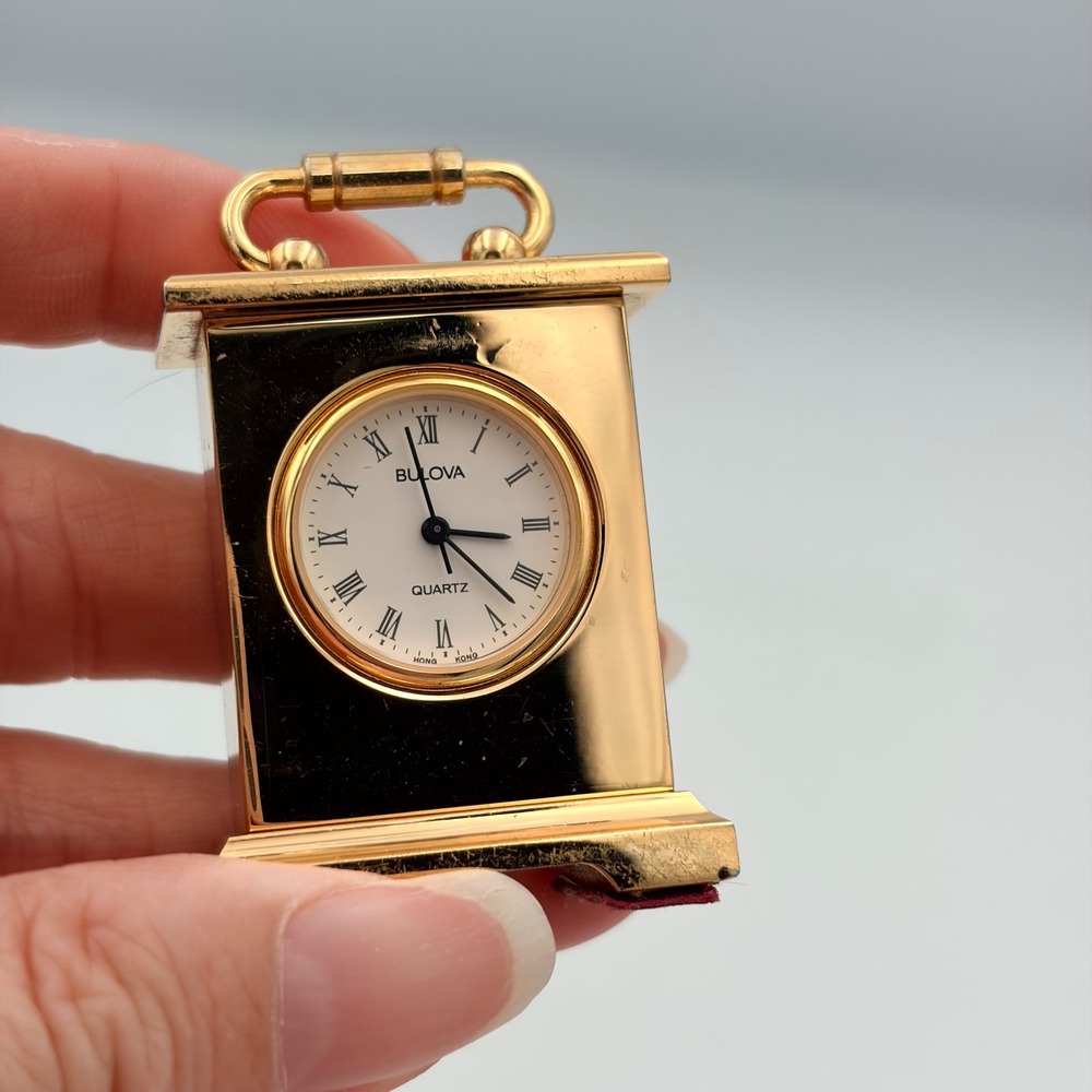 Bulova Miniature Carriage Clock Gold Tone Brass Quartz Analog Roman Numeral Desk